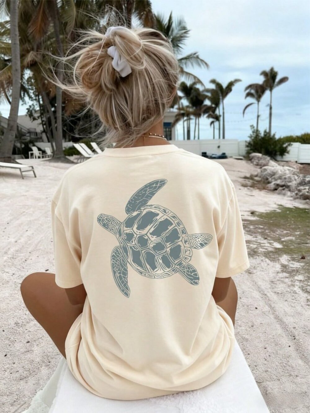 Apricot Casual Women's Sea Turtle Print Short Sleeve Round Neck T-Shirt
